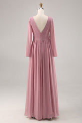 Einfaches Dusty Rose Brautjungfernkleid mit langen Ärmeln und V-Ausschnitt und Schlitz